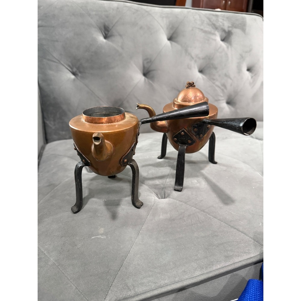 Antique 2 Swedish Copper Teakettle Tin Lined Wrought Iron Legs one missing lid
